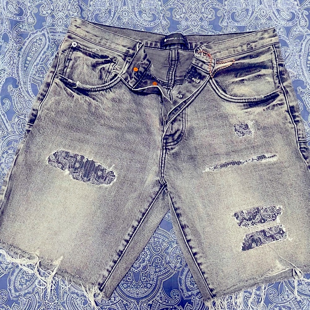 PURPLE-BRAND SHORTS - BLACK MONOGRAM BANDANA PRINT REPAIR